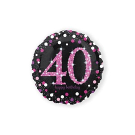 Folieballon HBD sparkling pink '40'. Deze folieballon heeft een grootte van 45cm en kan zowel met lucht als met helium worden gevuld. Wanneer de ballon gevuld wordt met helium, blijft hij zweven. wordt geleverd met helium af te halen in de winkel