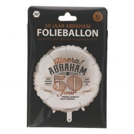 Folieballon Abraham '50'. Deze folieballon heeft een grootte van 35 cm en kan zowel met lucht als met helium worden gevuld. Wanneer de ballon gevuld wordt met helium, blijft hij zweven. wordt geleverd zonder helium