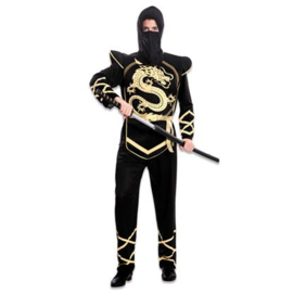 Kostuum ninja man, maat 52. Kostuum bestaat uit: shirt, broek, riem en capuchon.
