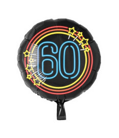 Folieballon neon '60'. Deze folieballon heeft een grootte van 45cm en kan zowel met lucht als met helium worden gevuld. Wanneer de ballon gevuld wordt met helium, blijft hij zweven. wordt geleverd met  helium af te halen in de winkel