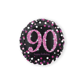 Folieballon HBD sparkling pink '90'. Deze folieballon heeft een grootte van 45cm en kan zowel met lucht als met helium worden gevuld. Wanneer de ballon gevuld wordt met helium, blijft hij zweven. Wordt geleverd zonder helium