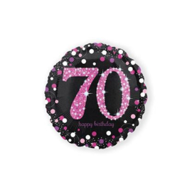 Folieballon HBD sparkling pink '70'. Deze folieballon heeft een grootte van 45cm en kan zowel met lucht als met helium worden gevuld. Wanneer de ballon gevuld wordt met helium, blijft hij zweven. wordt geleverd met helium af te halen in de winkel