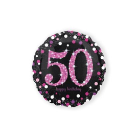 Folieballon HBD sparkling pink '50'. Deze folieballon heeft een grootte van 45cm en kan zowel met lucht als met helium worden gevuld. Wanneer de ballon gevuld wordt met helium, blijft hij zweven.wordt geleverd met helium in de winkel af te halen