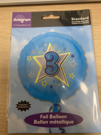 Folie ballon nummer 3 blauw 45 cm wordt geleverd zonder helium