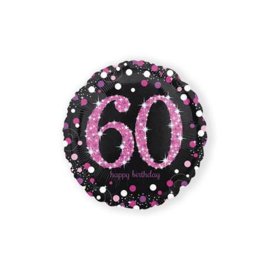 Folieballon HBD sparkling pink '60'. Deze folieballon heeft een grootte van 45cm en kan zowel met lucht als met helium worden gevuld. Wanneer de ballon gevuld wordt met helium, blijft hij zweven. wordt geleverd met helium af te halen in de winkel