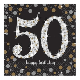 Papieren servetten sparkling gold '50'. De servetten hebben een uitgevouwen maat van 33x33cm en zitten per 16 stuks verpakt.
