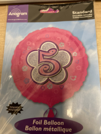 Folie ballon nummer 5 Roze 45 cm wordt geleverd met helium kan alleen bezorgd worden in Berkel en Rodenrijs, Bergschenhoek, Bleiswijk, pijnacker of in de winkel afgehaald worden