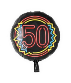 Folieballon Neon  '50'. Deze folieballon heeft een grootte van 46 cm en kan zowel met lucht als met helium worden gevuld. Wanneer de ballon gevuld wordt met helium, blijft hij zweven. wordt geleverd zonder helium
