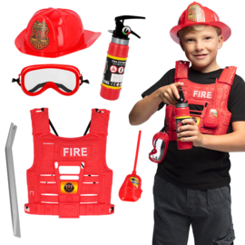 Set kind Brandweerman Kinderset Brandweerman (helm, vest, veiligheidsbril, walkietalkie, brandblusser, koevoet) Deze uitgebreide set bevat alles wat jonge helden nodig hebben om zich te voelen als een echte brandweerman of -vrouw. Een complete set die de