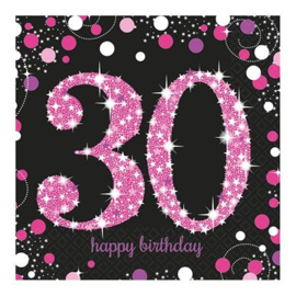 Papieren servetten sparkling pink '30'. De servetten hebben een uitgevouwen maat van 33x33cm en zitten per 16 stuks verpakt.