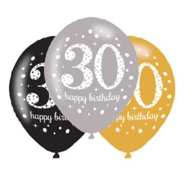 Ballonnen sparkling gold '30' in een assortiment van metallic kleuren. 11 inch ballonnen (Ø28cm), geschikt voor lucht- en heliumvulling.