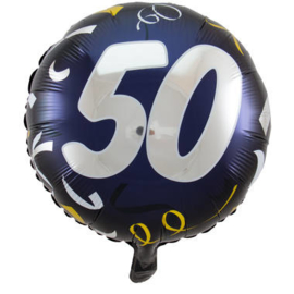 Folieballon blauw wit  '50'. Deze folieballon heeft een grootte van 45cm en kan zowel met lucht als met helium worden gevuld. Wanneer de ballon gevuld wordt met helium, blijft hij zweven.wordt geleverd met helium in de winkel af te halen