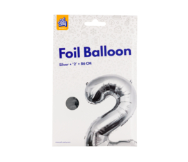 Folie ballon Zilver Cijfer 2 plus minus 86cm wordt zonder helium geleverd