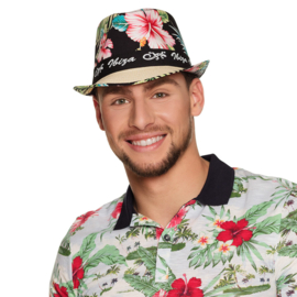 Hoed 'Ibiza' Hoed 'Ibiza' Voeg een vleugje Ibiza-stijl toe aan een strandoutfit met dit zomerse strohoedje. Deze trendy trilby hoed bedrukt met tropische bloemen print is de perfecte accessoire voor een zonnig feest, stranduitje, festival of Hawaii themaf