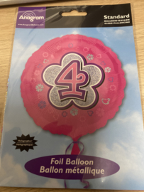 Folie ballon nummer 4 roze 45 cm wordt geleverd zonder helium