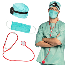 Set Dokter (kapje, hoofdband met frontale reflector, mondkapje en stethoscoop)