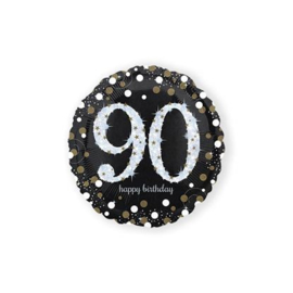 Folieballon birthday sparkling 90. Deze folieballon heeft een grootte van 45cm en kan zowel met lucht als met helium worden gevuld. Wanneer de ballon gevuld wordt met helium, blijft hij zweven. Wordt zonder helium geleverd.