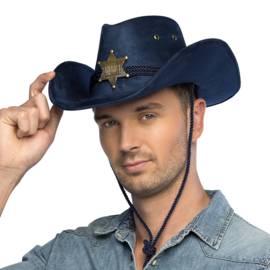 Hoed cowboy Tennessee Cowboyhoed Tennessee (suède look) Word de held van het Wilde Westen met deze blauwe sheriffhoed. Met zijn klassieke cowboyontwerp, stoere sheriff-badge en comfortabele kinband is deze hoed het perfecte accessoire voor carnaval, een f