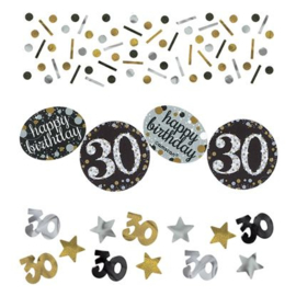 Confetti sparkling gold '30'. Confetti in metallic zilver, goud en zwart plastic met de bewuste leeftijd en een assorti aan extra vormen.