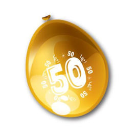 Ballonnen in metallic goud bedrukt met de leeftijd '50'. Deze verpakking bevat 8 stuks geleverd in een headerbag. 12 inch ballonnen (Ø30cm), geschikt voor lucht- en heliumvulling.