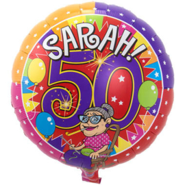 Folieballon  Sarah '50'. Deze folieballon heeft een grootte van 46 cm en kan zowel met lucht als met helium worden gevuld. Wanneer de ballon gevuld wordt met helium, blijft hij zweven.wordt geleverd met helium in de winkel af te halen