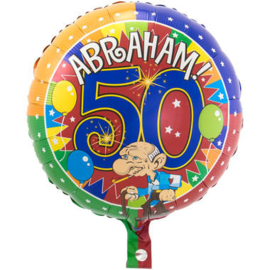 Folieballon  Abraham '50'. Deze folieballon heeft een grootte van 46 cm en kan zowel met lucht als met helium worden gevuld. Wanneer de ballon gevuld wordt met helium, blijft hij zweven.wordt geleverd met helium in de winkel af te halen