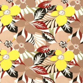 VISCOSE POPLIN STOF BEDRUKT BLOEMEN BRUIN