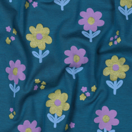 JERSEY GLITTER BLOEMEN - PETROL