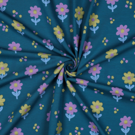 JERSEY GLITTER BLOEMEN - PETROL