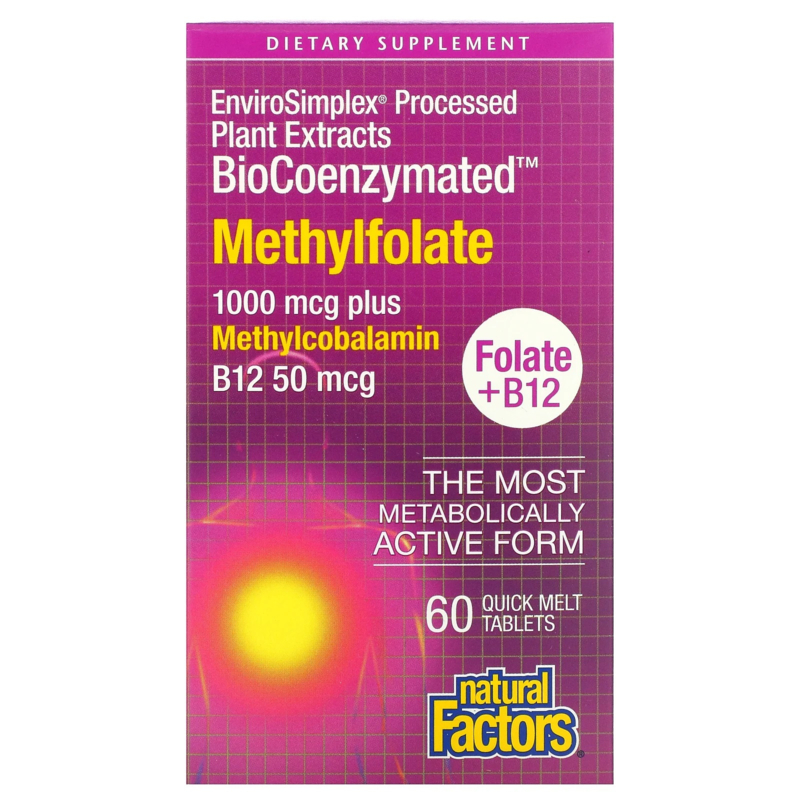 Natural Factors, BioCoenzymated Methylfolaat, 5-MTHF, 1000 mcg met B12 Methylcobalamine 50 mcg, 60 vegetarische zuigtabletten