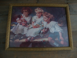 Brocante schilderijtje met drie meisjes - VERKOCHT