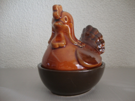 Vintage dekschaaltje kip - bruin aardewerk - VERKOCHT
