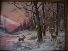 Oud schilderij prent winterlandschap herten - VERKOCHT