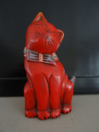 Beeldje poes - kat - rood - hout - VERKOCHT