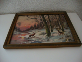 Oud schilderij prent winterlandschap herten - VERKOCHT