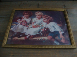 Brocante schilderijtje met drie meisjes - VERKOCHT