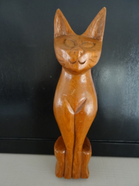 Houten beeld poes kat - vintage - VERKOCHT