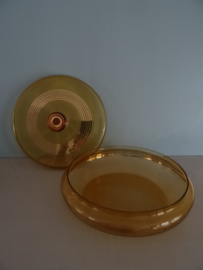 Vintage dekselschaal - glas - amber met goudkleur - VERKOCHT