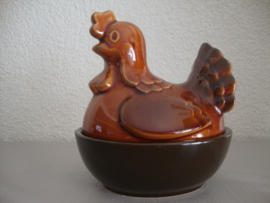 Vintage dekschaaltje kip - bruin aardewerk - VERKOCHT