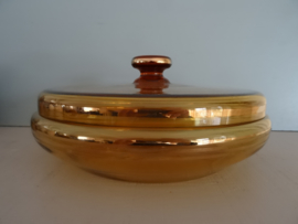 Vintage dekselschaal - glas - amber met goudkleur - VERKOCHT