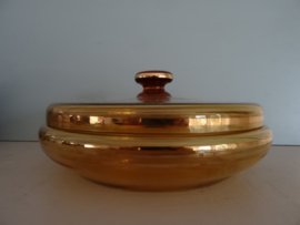 Vintage dekselschaal - glas - amber met goudkleur - VERKOCHT