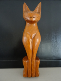 Houten beeld poes kat - vintage - VERKOCHT