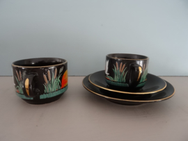 Vintage kop en schotel - zwart - vogel - Chinees -  VERKOCHT