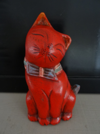 Beeldje poes - kat - rood - hout - VERKOCHT