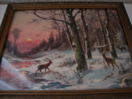 Oud schilderij prent winterlandschap herten - VERKOCHT