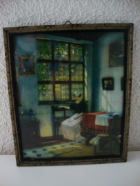 Oude prent - vrouw bij venster - VERKOCHT