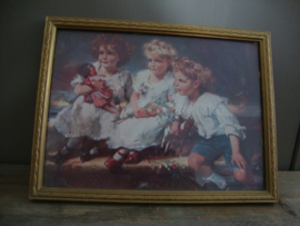 Brocante schilderijtje met drie meisjes - VERKOCHT
