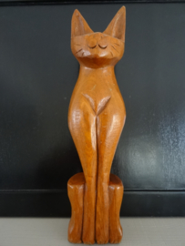 Houten beeld poes kat - vintage - VERKOCHT