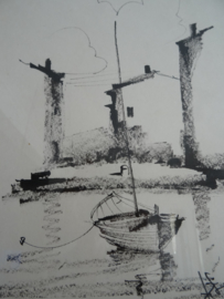 Schilderijtje - prent - tekening - zwart/wit - Joegoslavie