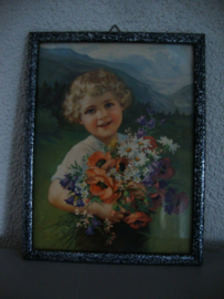 Vintage schilderijtje - meisje met bloemen - VERKOCHT